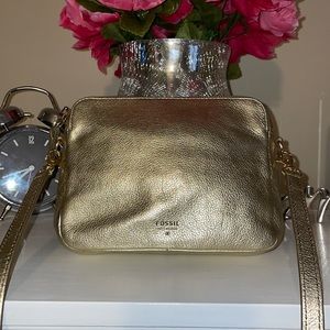 Gold Leather Metallic Fossil Crossbody Bag